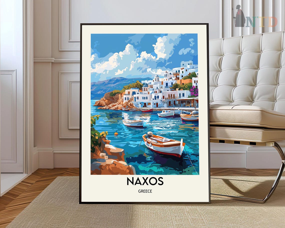Naxos Greece Travel Poster Whitewashed Village Harbor Illustration
