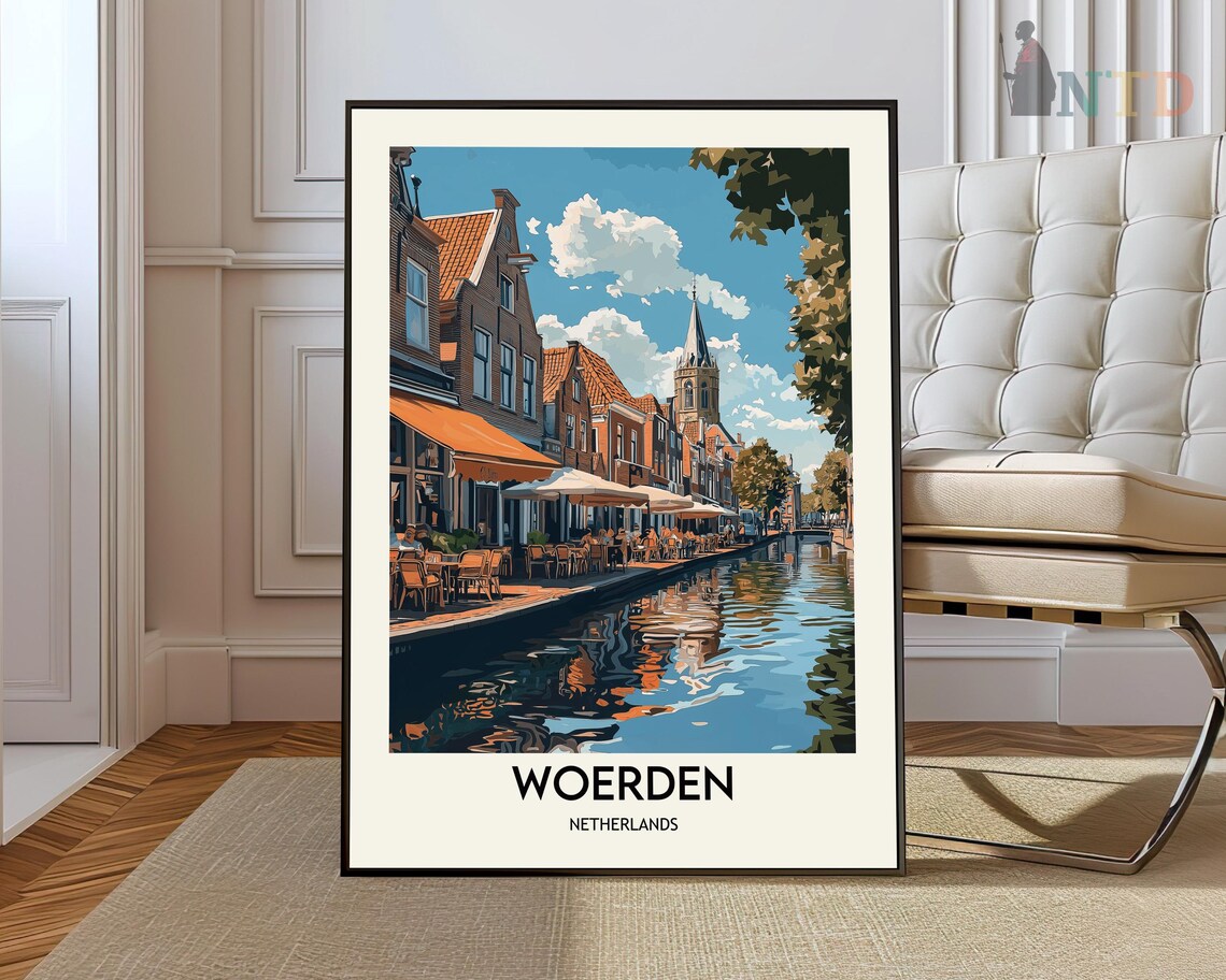 Woerden Netherlands Canal Cafes Riverside Street Travel Poster