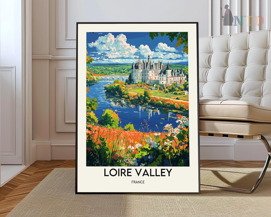 Loire Valley France Chateau River Bridge Autumn Foliage Travel Poster