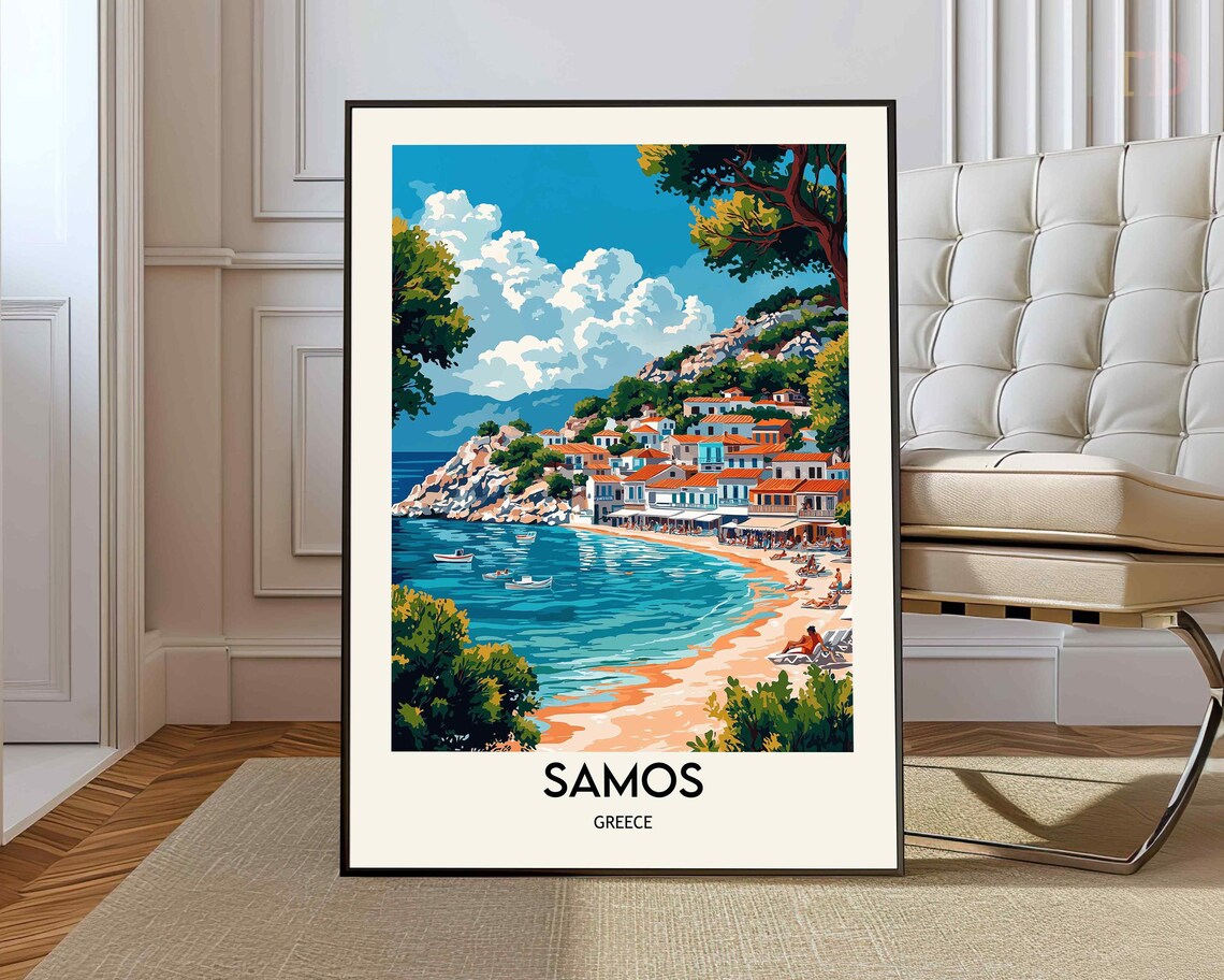 Samos Greece Island Bay Beach Boats White Town Coast Travel Poster