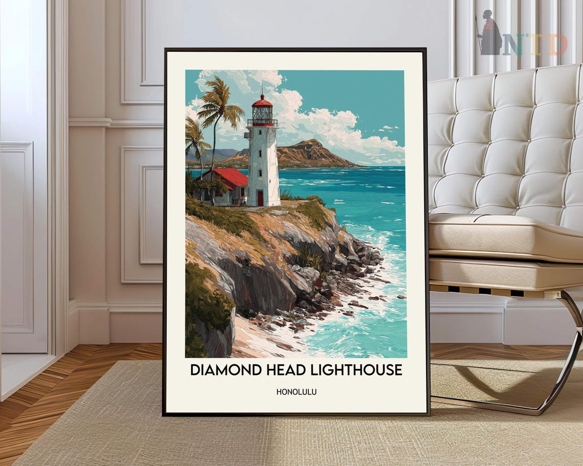 Diamond Head Lighthouse Honolulu Hawaii Retro Style Travel Poster
