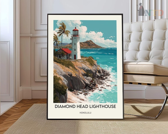 Diamond Head Lighthouse Honolulu Hawaii Retro Style Travel Poster