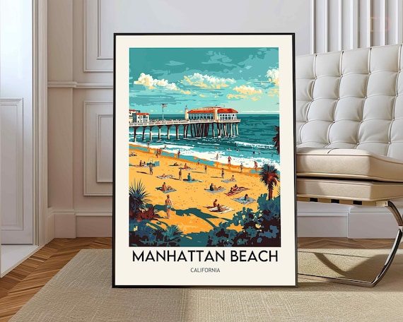 Manhattan Beach California Pier Sunny Day Vintage Travel Poster