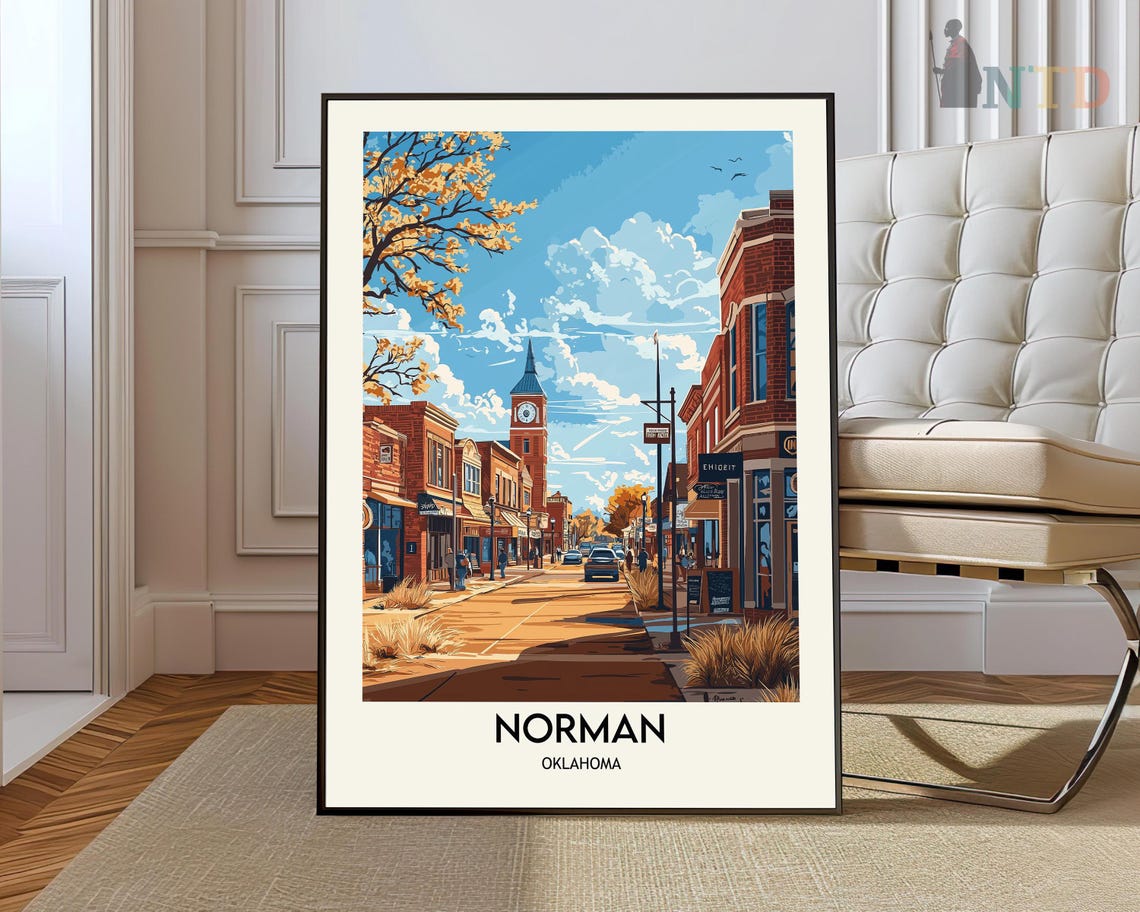 Norman Oklahoma Historic Downtown Clock Tower Street Travel Poster
