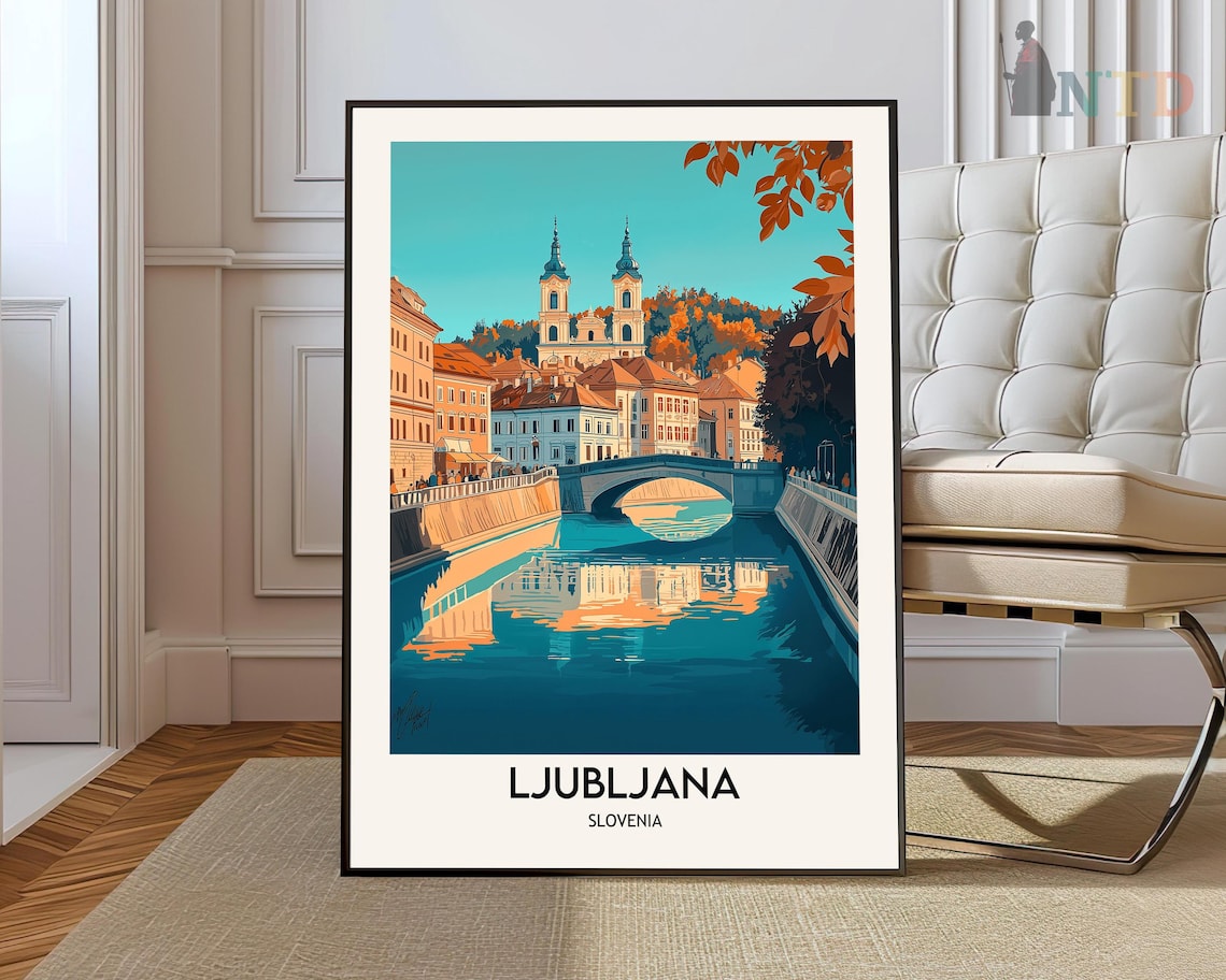 Ljubljana Slovenia River Bridge Twin Towers Autumn Trees Travel Poster
