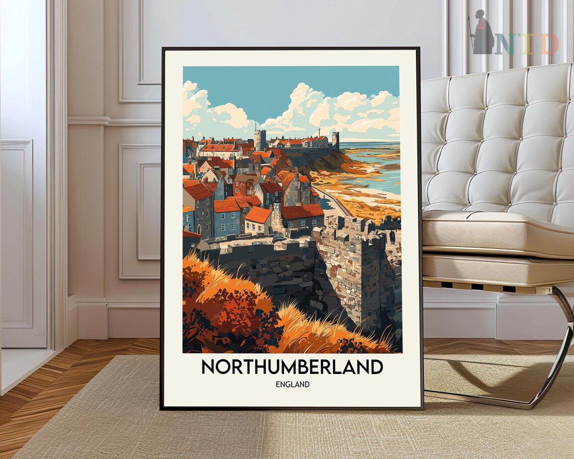 Northumberland England Coastal Castle Harbor Travel Vintage Art Poster