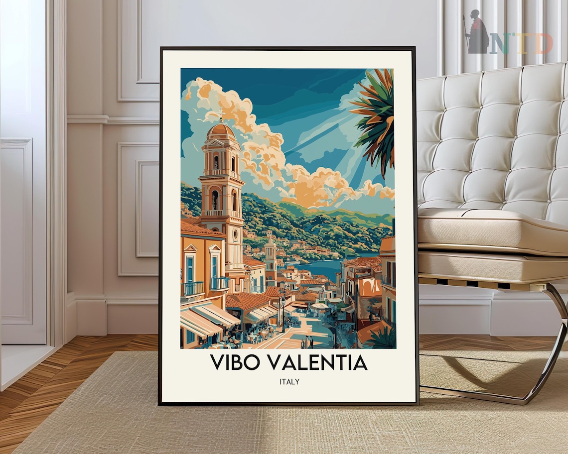 Vibo Valentia Italy Coastal Town and Bell Tower Vintage Travel Poster