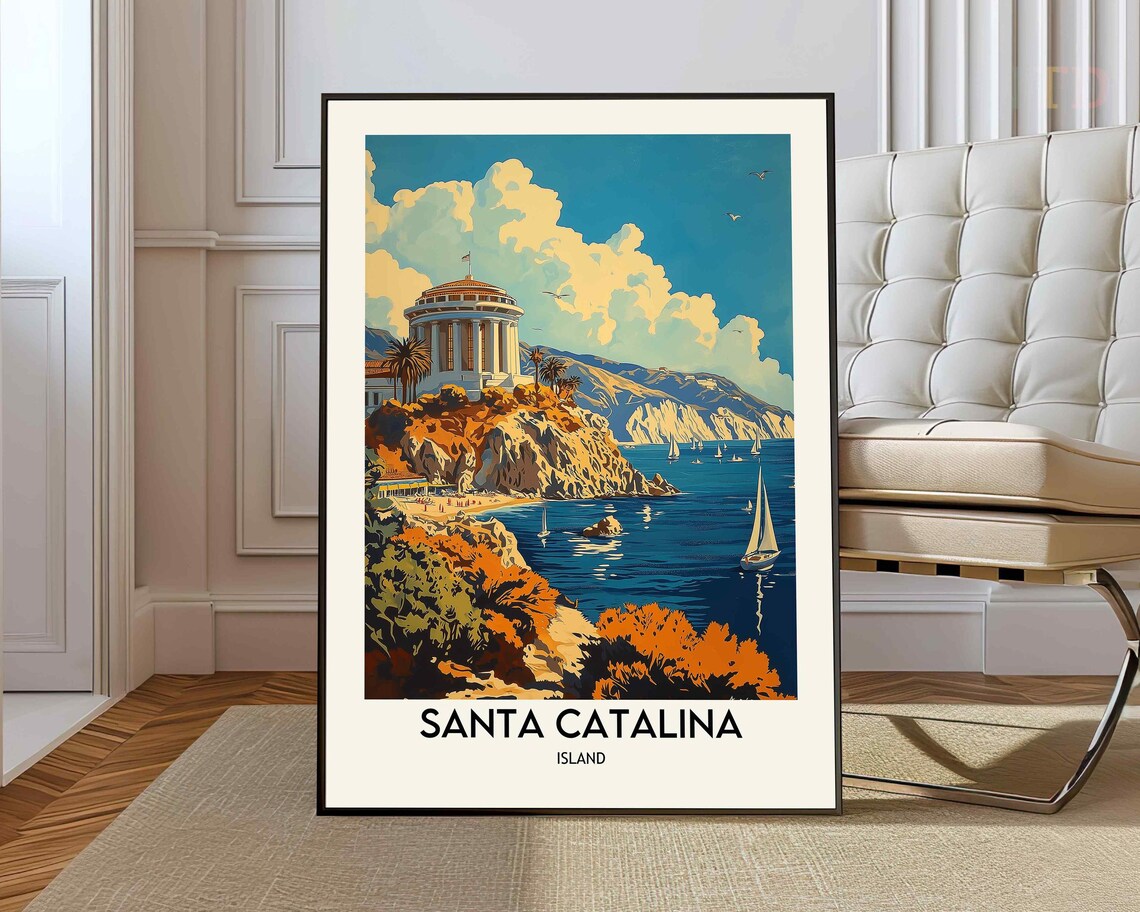 Santa Catalina Island Avalon Casino Cove Sailboats Sunset Seas Poster