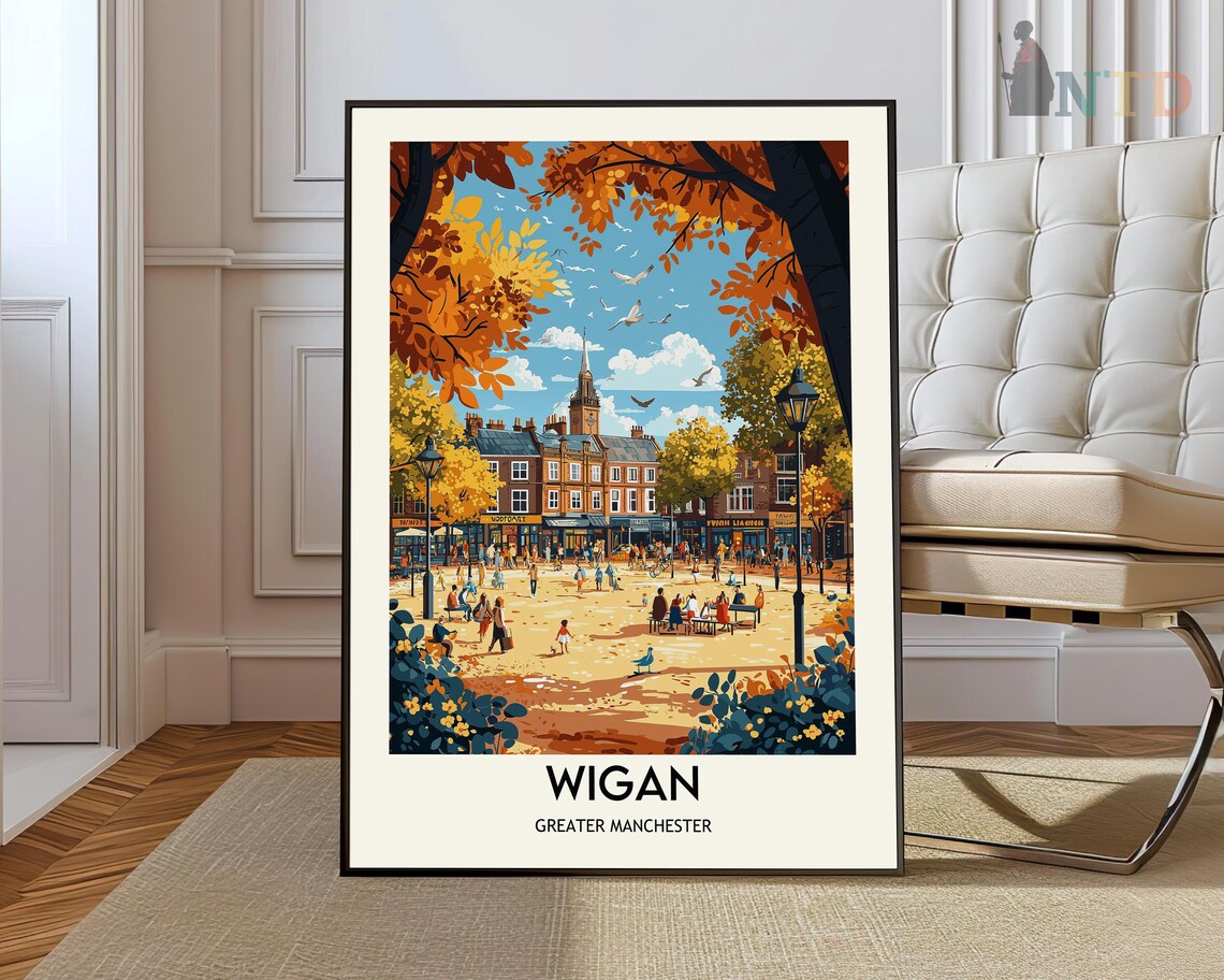 Wigan Greater Manchester Autumn Market Square Vintage Travel Poster