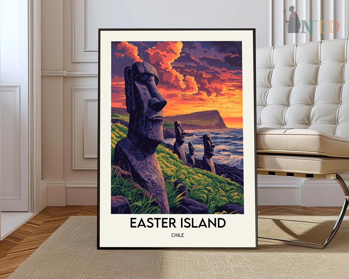 Easter Island Chile Moai Statues Fiery Sunset Coast Travel Poster