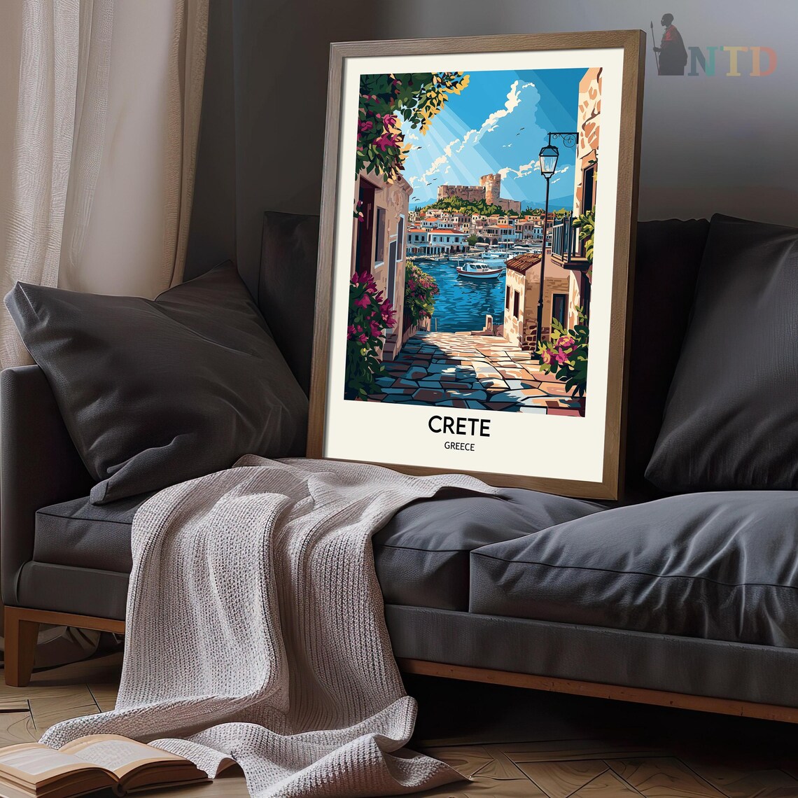 Crete Coastal Village Street with Colorful Boats in the Harbor Poster - Image 3