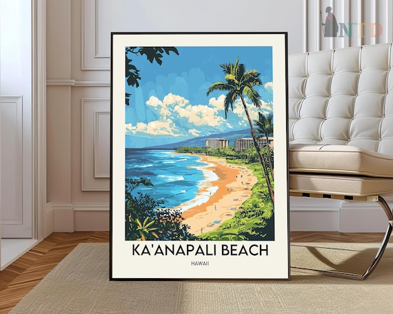 Kaanapali Beach Hawaii Palm Trees Ocean Coastline Travel Poster