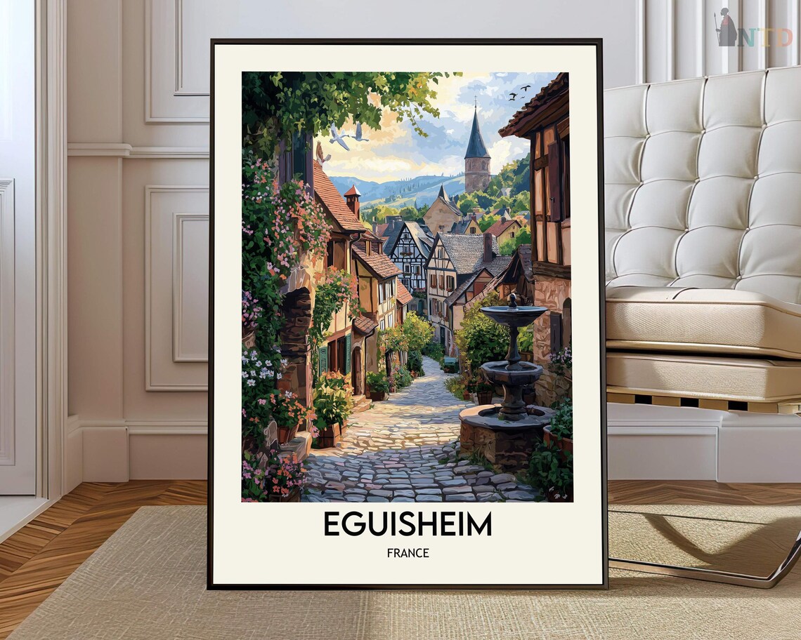 Sunny Eguisheim France Cobblestone Street Village Travel Poster