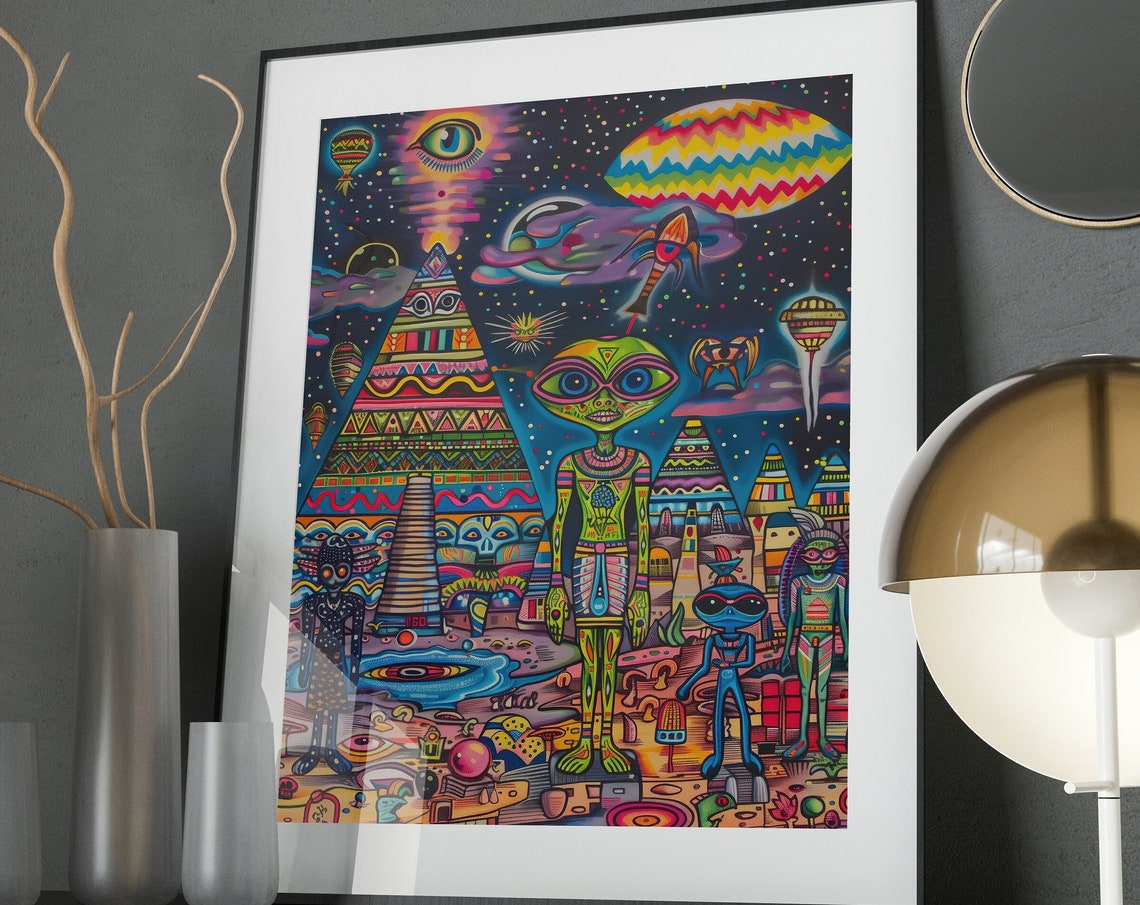 Alien Pyramid Cosmic Night Psychedelic Surreal Pop Art Poster