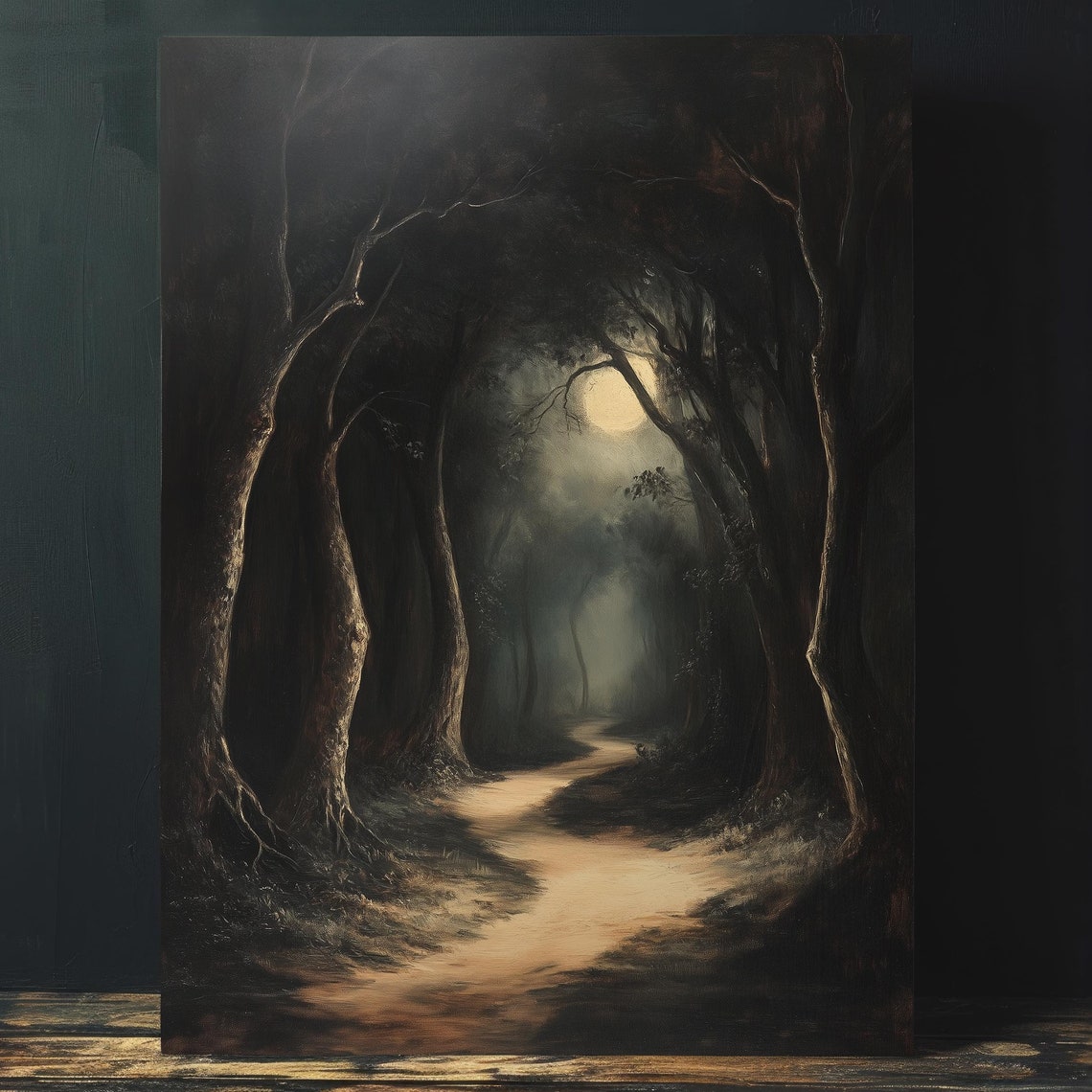 Moonlit Haunted Forest Trail Dark Gothic Woods Painting Poster