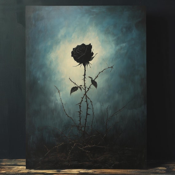 Moody Black Rose Painting Wall Art Trendy Dark Cottagecore Wall Decor Preppy Goth Wall Art Wiccan Home Decor