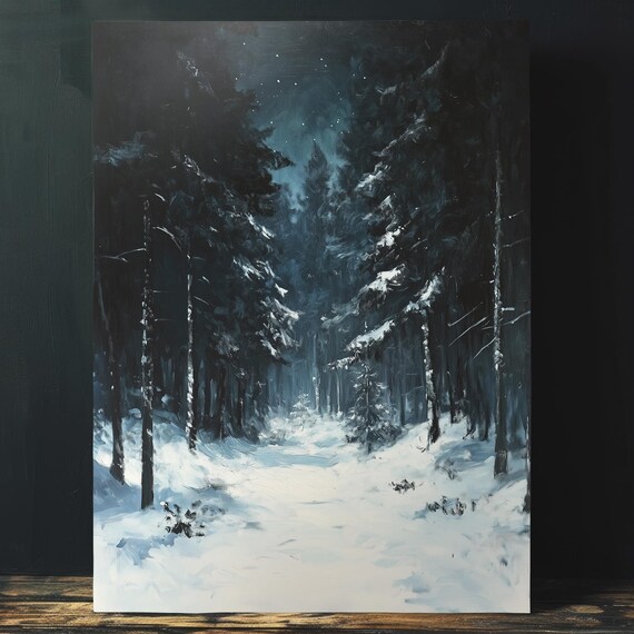 Winter Fir Forest Landscape Painting Wall Art Snowy Cottagecore Landscape Print Witchy Vintage Wall Decor
