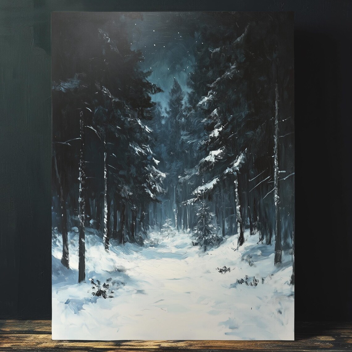 Snowy Forest Path at Night Starry Sky Winter Landscape Painting Poster