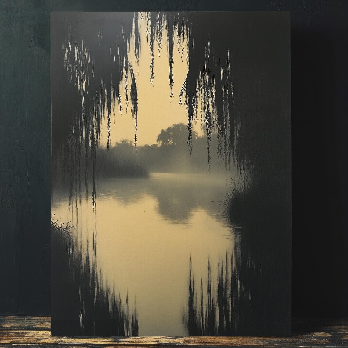 Misty Weeping Willow Lake Golden Dusk Landscape Painting Poster