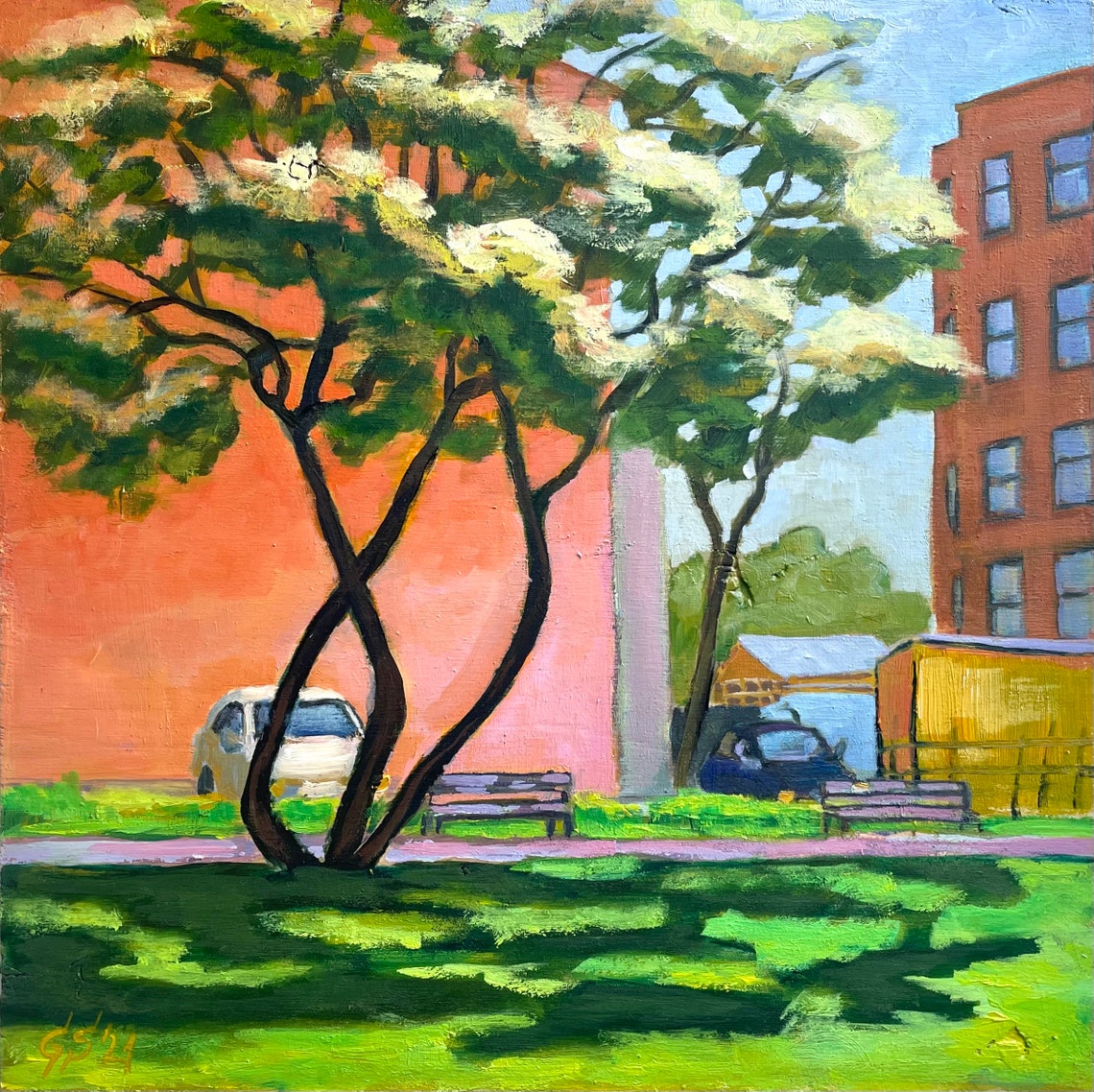 Impressionist Urban Park Twisted Trees Bench Oil Painting Poster