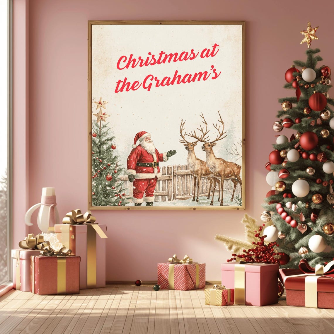 Family Christmas at the Miller's Santa with Two Reindeer Poster - Image 3