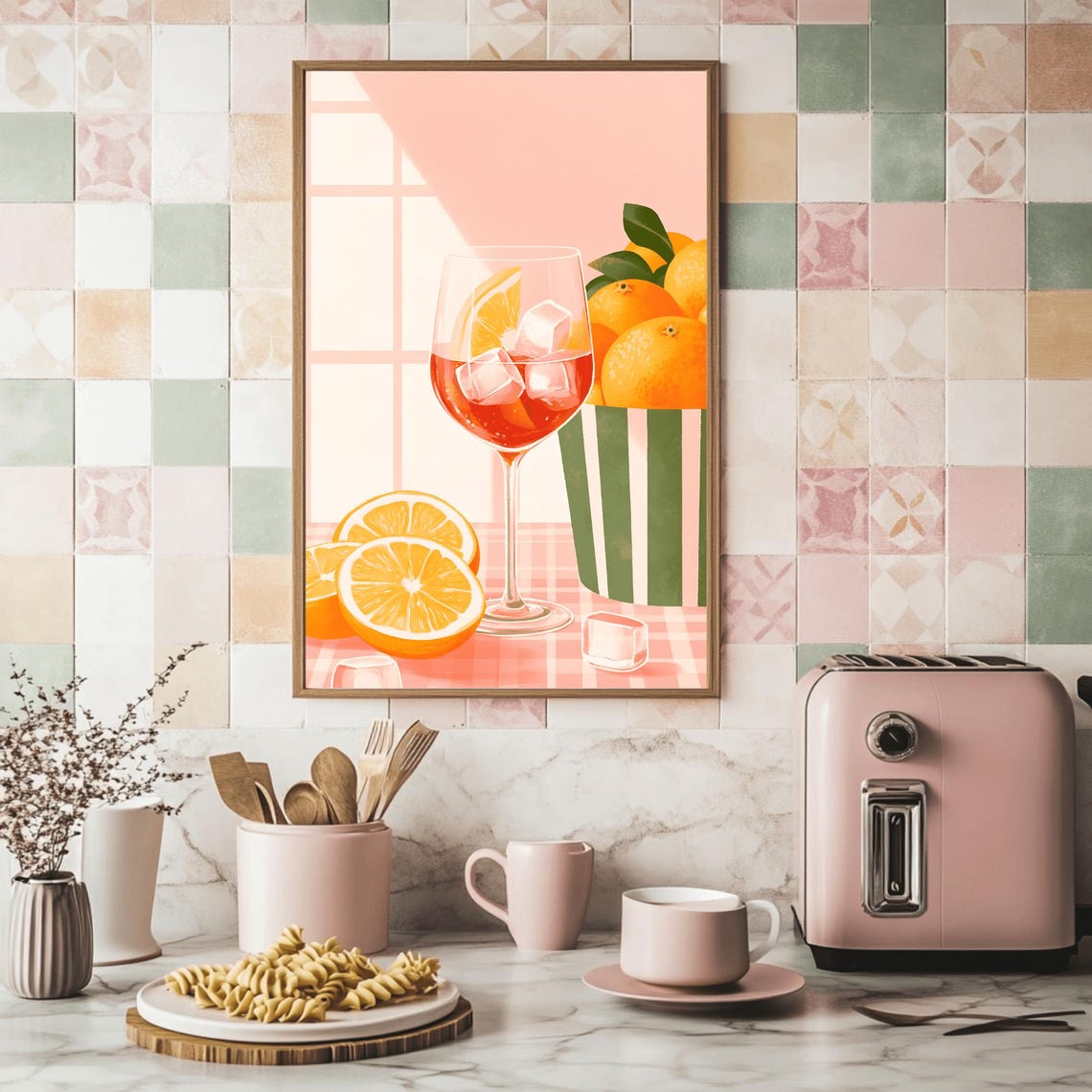 Aperol Spritz Cocktail Glass Oranges Pink Gingham Kitchen Art Poster - Image 2