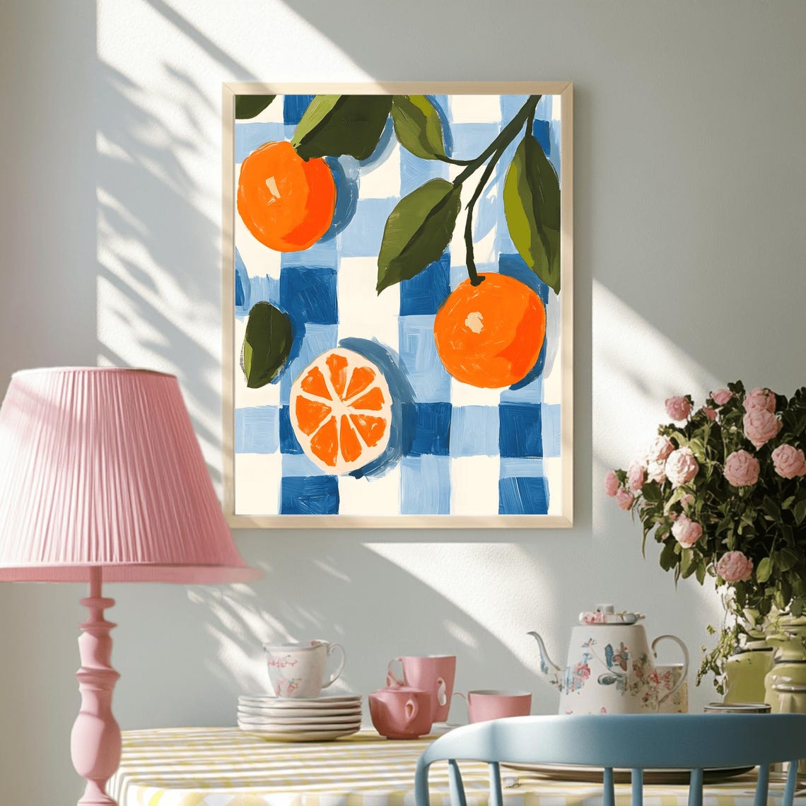Fresh Oranges on Blue Gingham Watercolor Fruit Kitchen Art Poster - Image 3