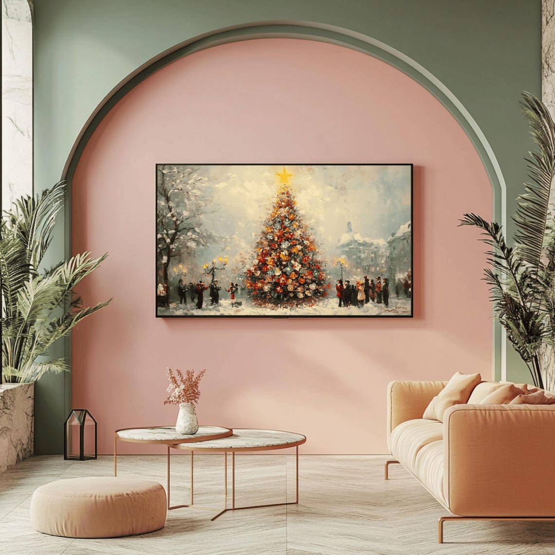 Lamplit Old Victorian Christmas Tree Plaza Snowy Evening Poster - Image 2