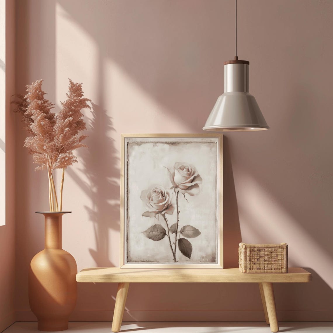 Two White Roses on Beige Neutral Vintage Floral Painting Poster - Image 2