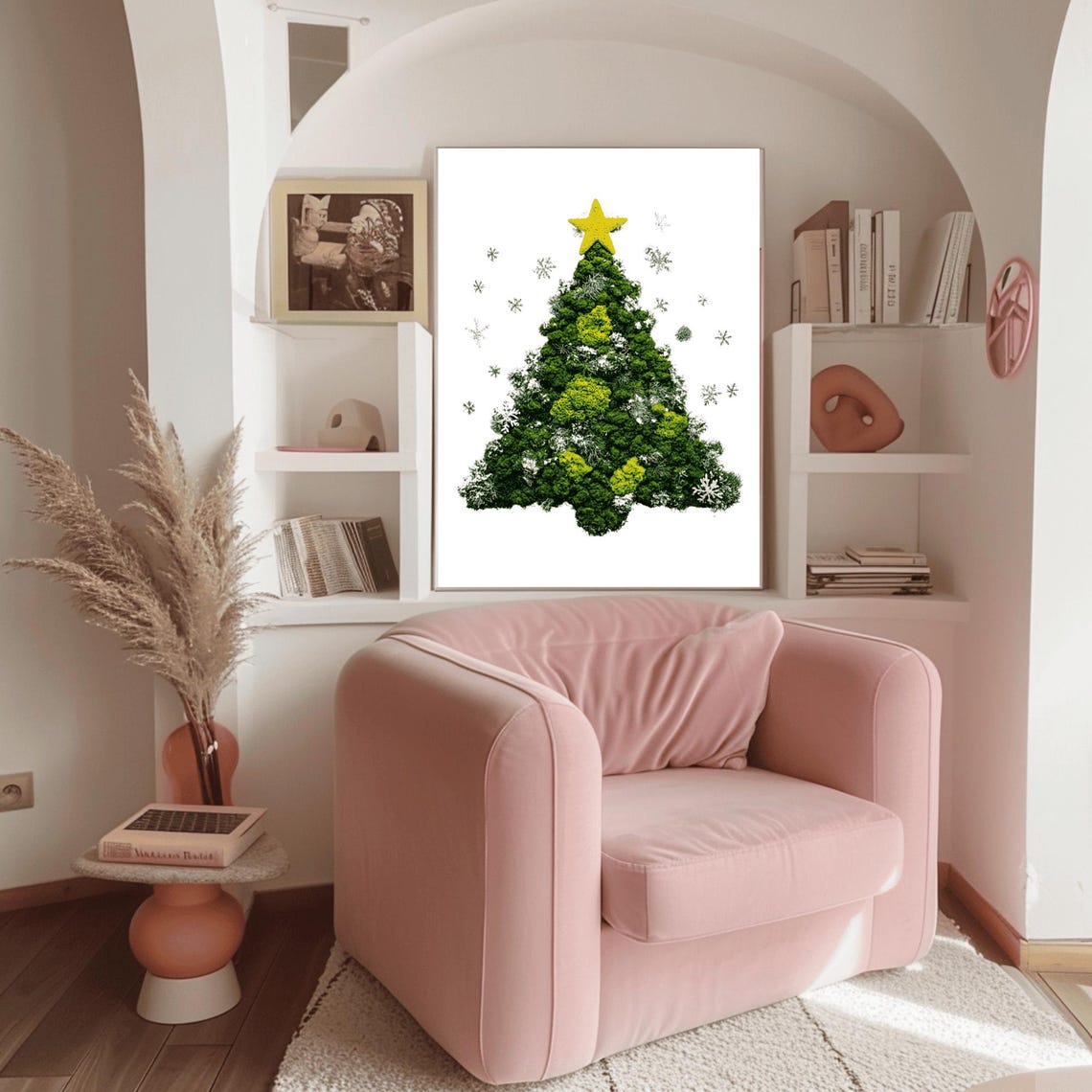 Moss Christmas Tree Gold Star Delicate Snowflakes Minimalist Poster - Image 3