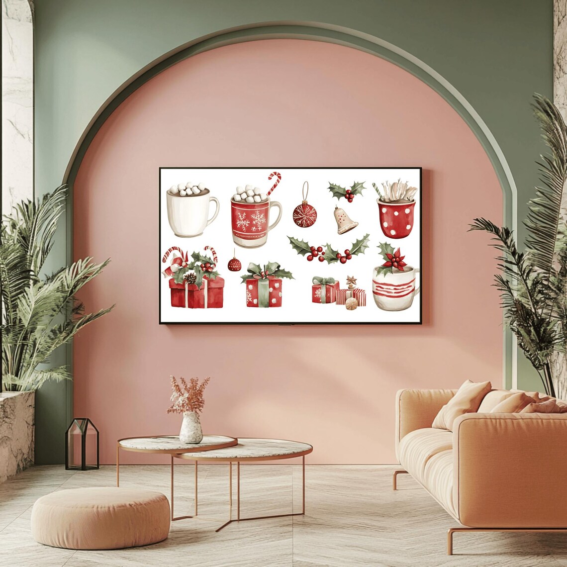 Watercolor Hot Cocoa Mugs Gifts And Holly Christmas Scene Poster - Image 2