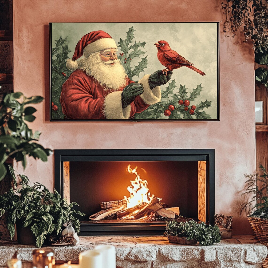Santa Claus with Red Cardinal Bird Giant Holly Leaves Art Poster - Image 3
