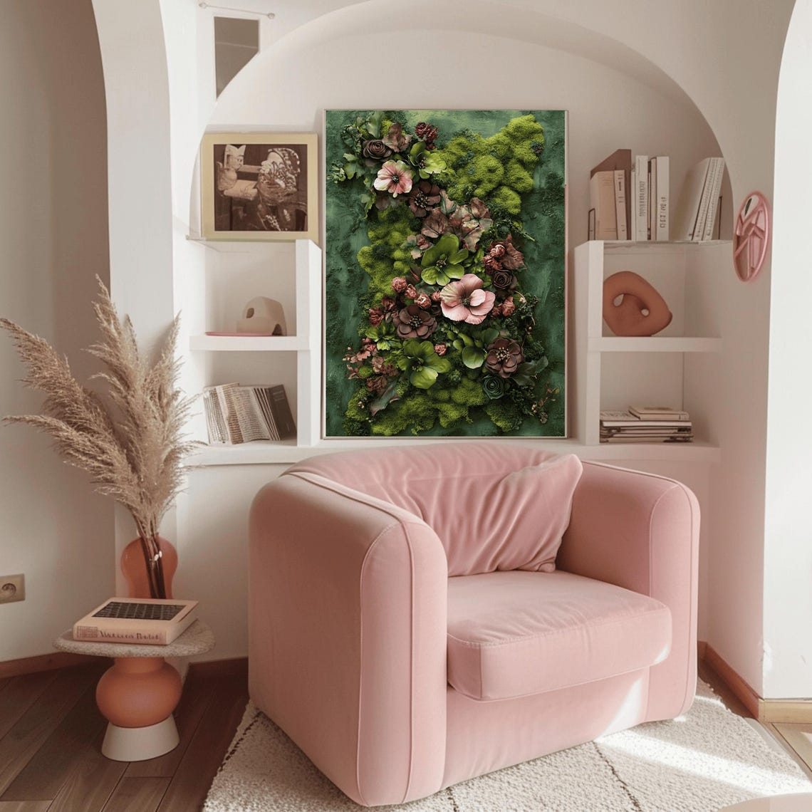Pink and Plum Blossoms on Green Moss Moody Floral Wall Poster - Image 3