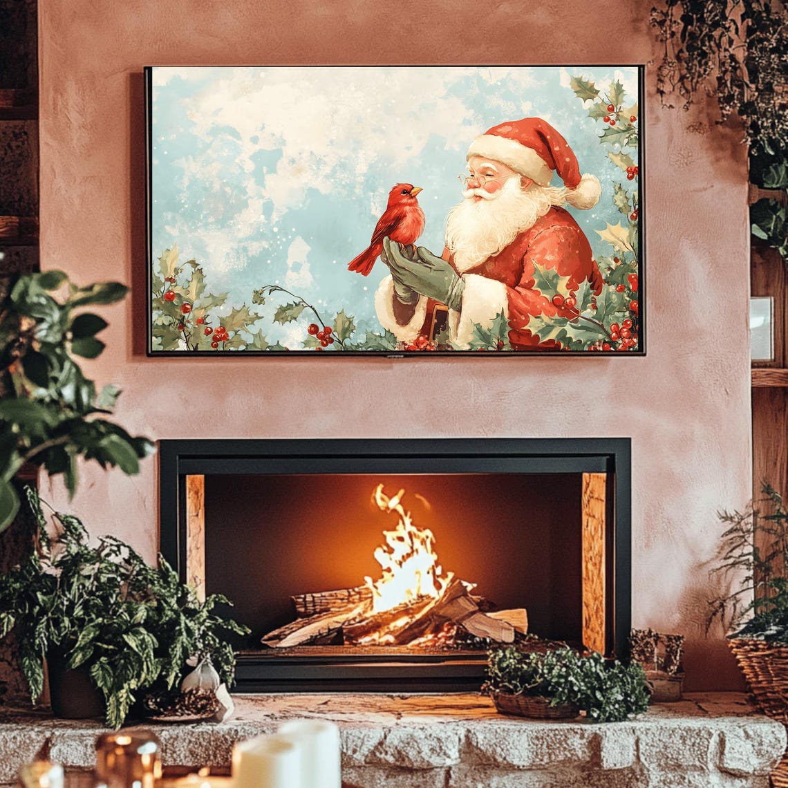 Santa Claus and Red Cardinal Among Holly Berries Painting Poster - Image 3