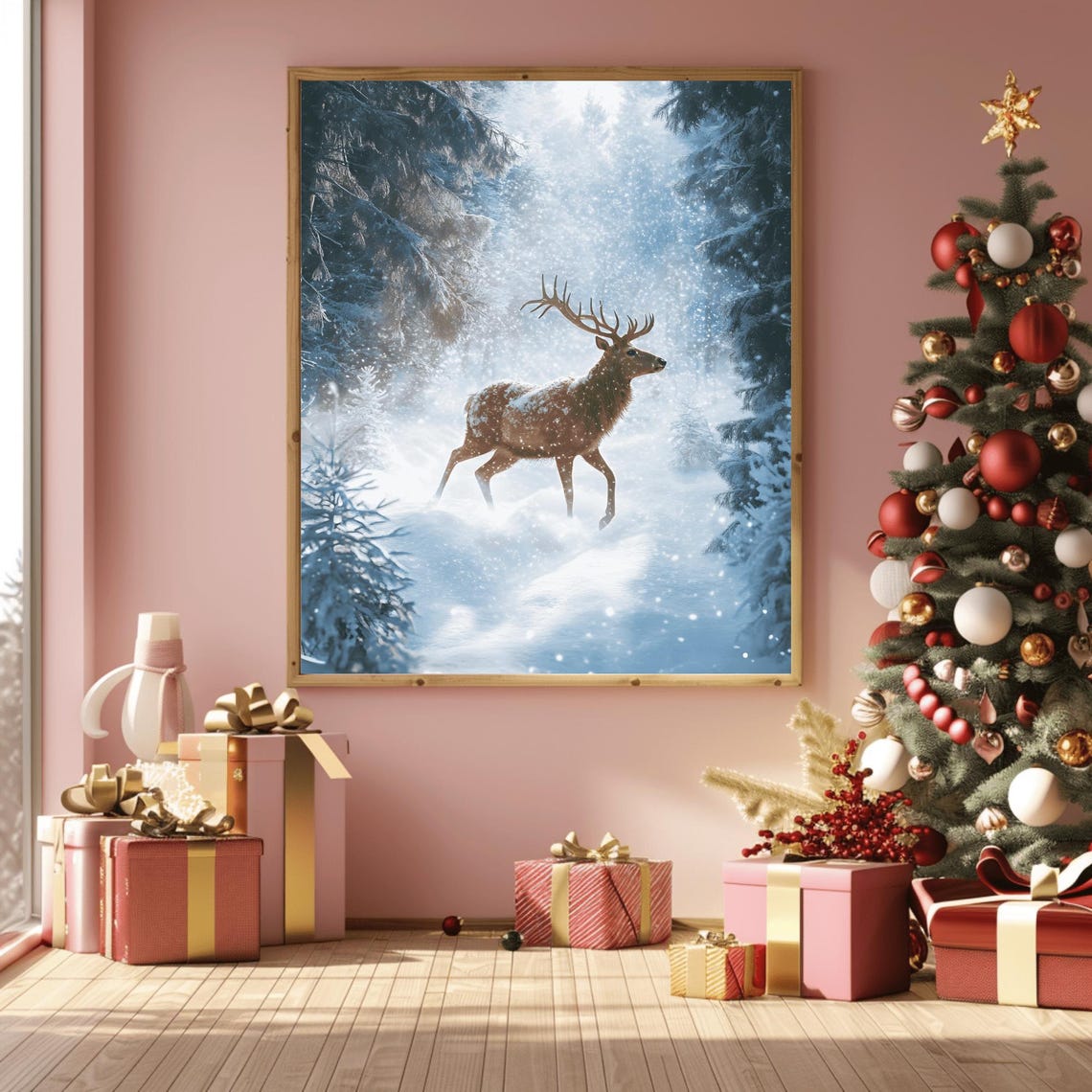 Majestic Stag in Sparkling Snowy Pine Forest Winter Blue Poster - Image 3