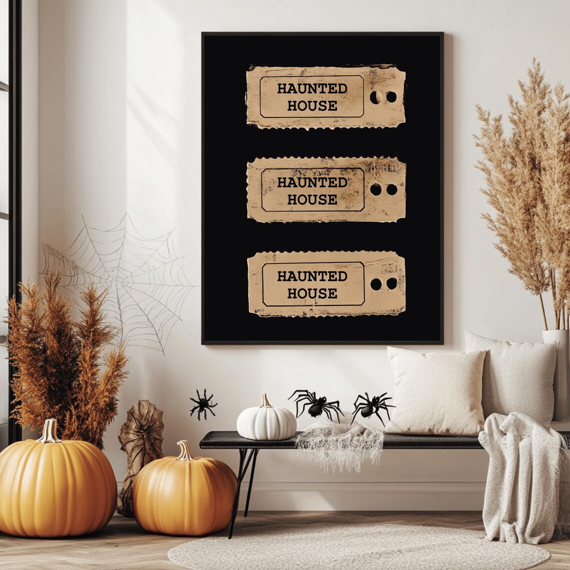 Three Vintage Haunted House Admission Tickets Black Spooky Poster - Image 2