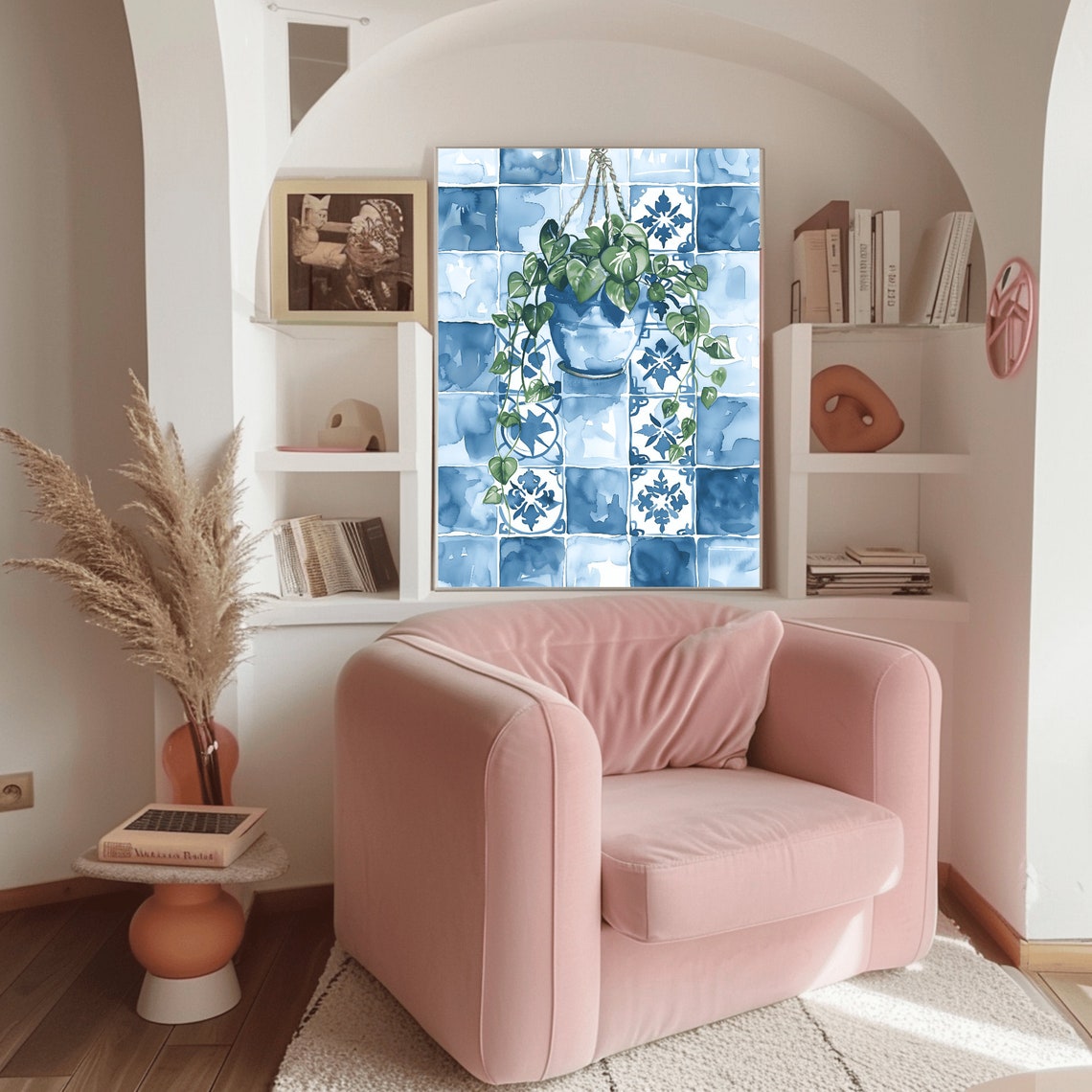 Hanging Pothos Plant Moroccan Blue Tile Watercolor Art Poster - Image 3