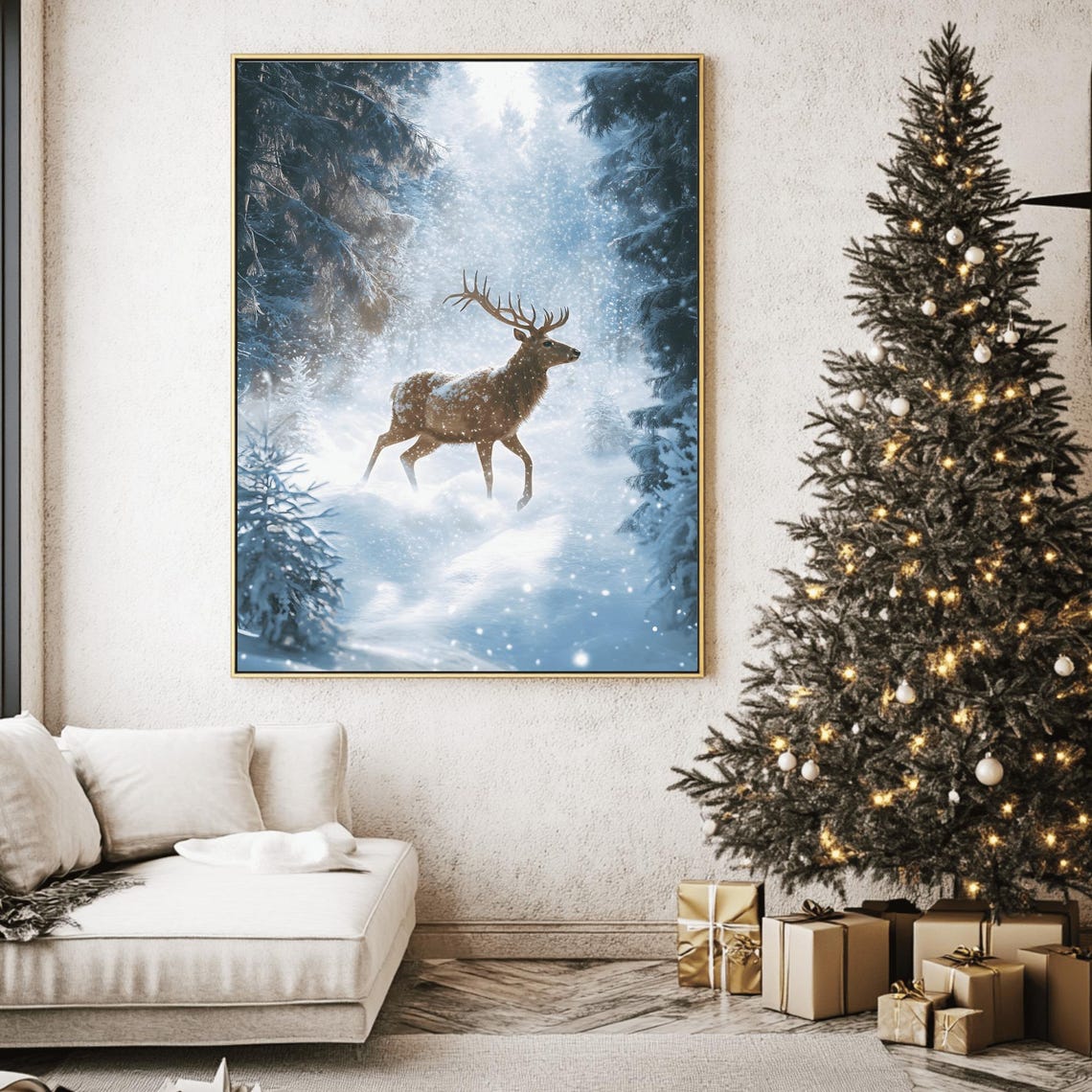 Majestic Stag in Sparkling Snowy Pine Forest Winter Blue Poster - Image 2