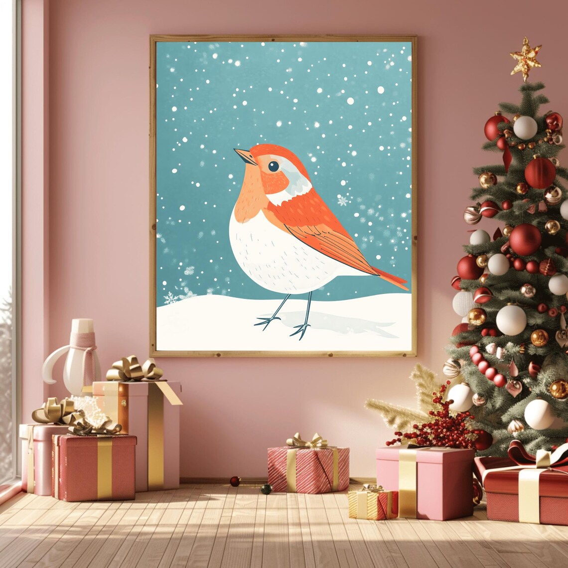 Cute Robin In Falling Snow Minimalist Christmas Bird Art Poster - Image 3