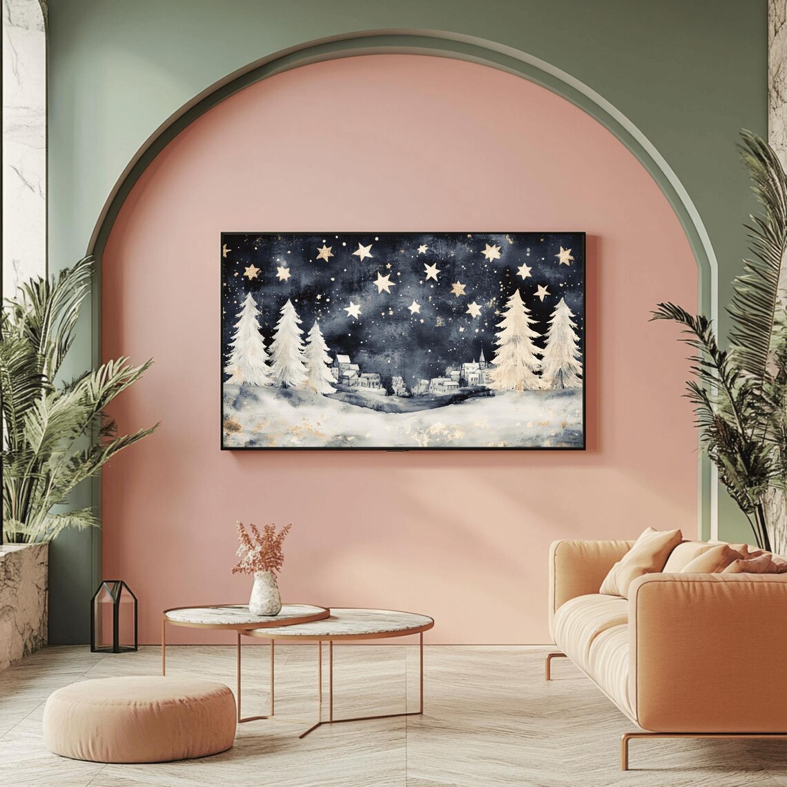 Starry Night Snowy Village White Pine Trees Watercolor Poster - Image 2