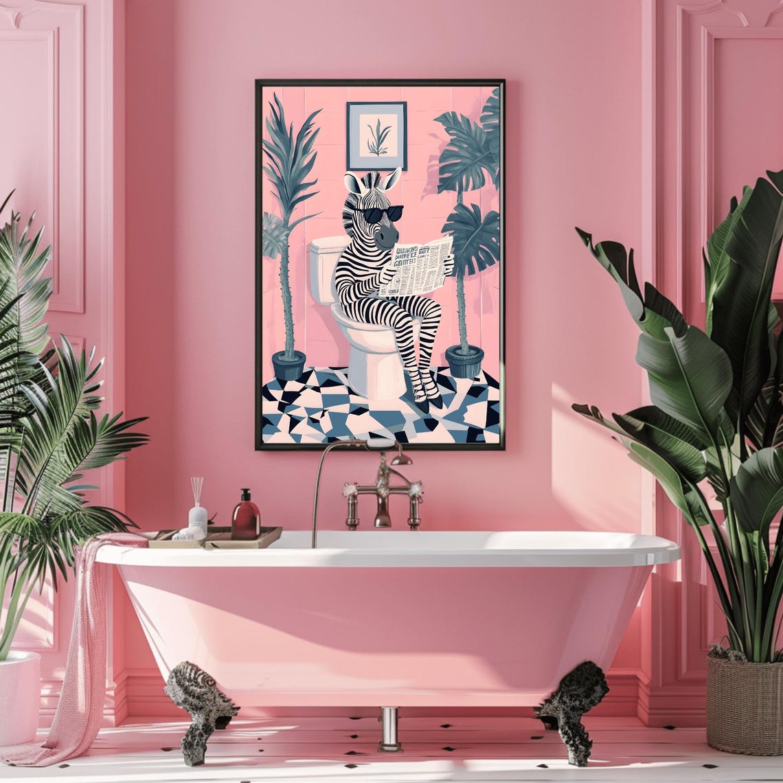 Zebra With Sunglasses Reading Newspaper On Toilet Bathroom Poster - Image 3