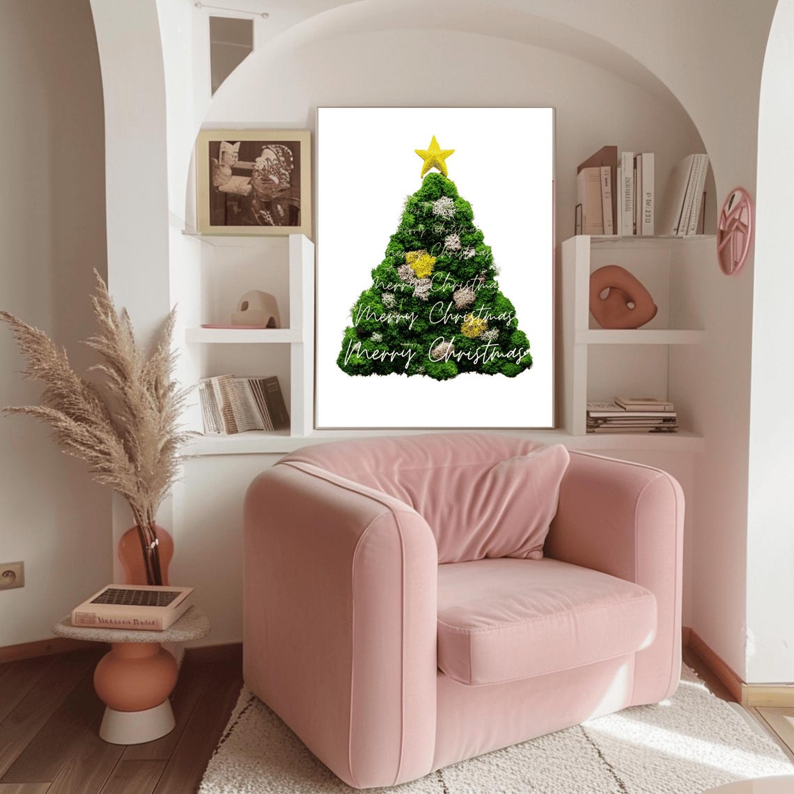 Green Moss Christmas Tree with Gold Star Merry Christmas Script Poster - Image 3