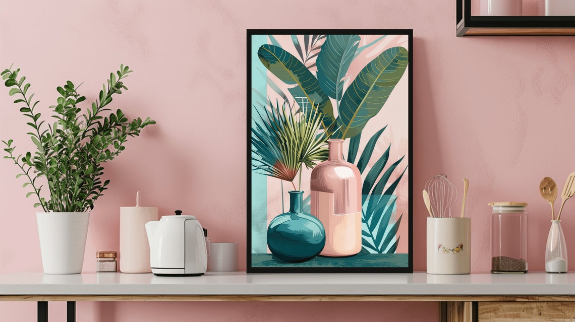 Tropical Banana Leaf Vases Blush Pink Teal Modern Art Poster - Image 3