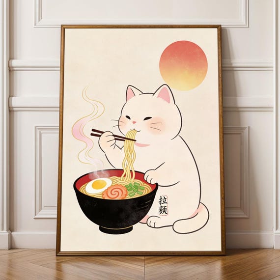 Japan Kawaii Japandi Cat Eating Ramen Poster Minimalist Food Print Japanese Decor