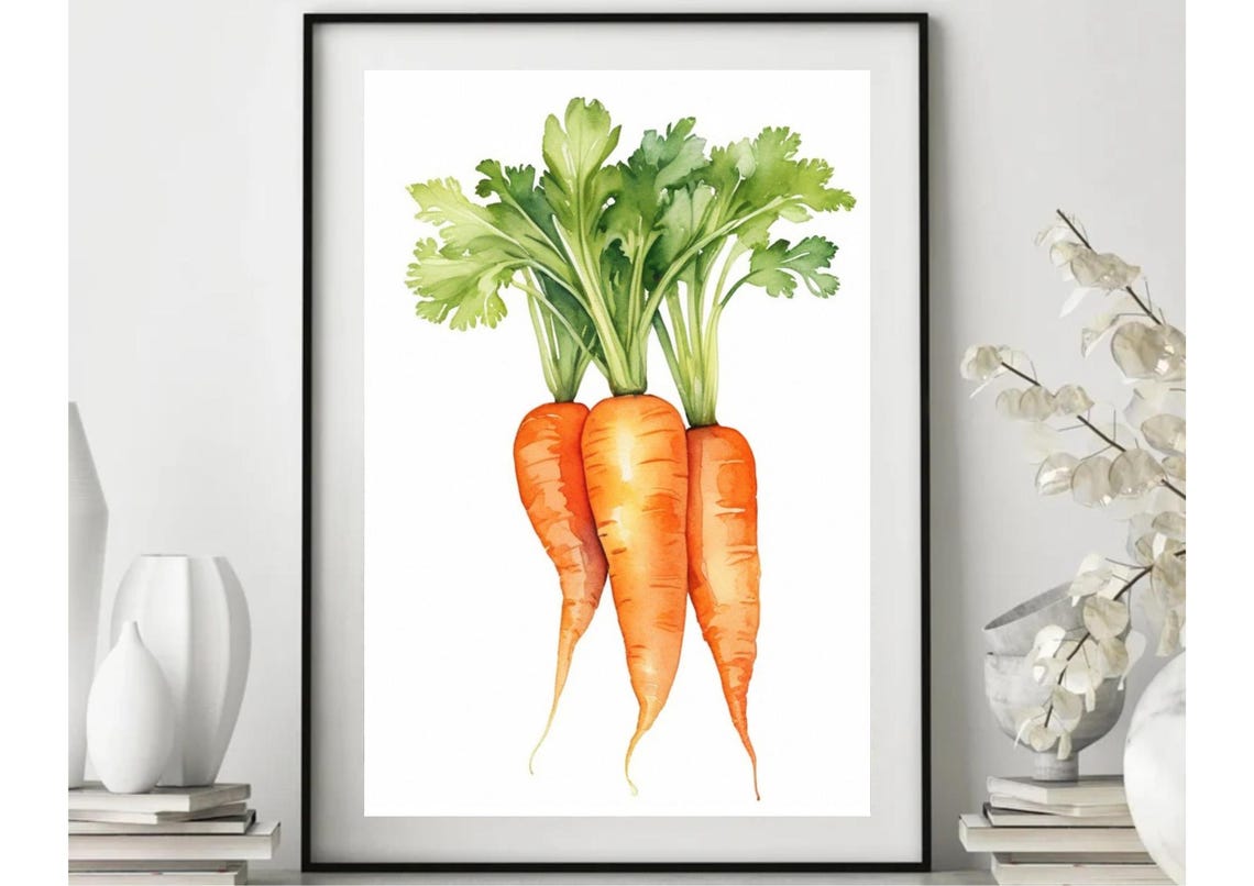 Three Upright Carrots With Leafy Green Tops Watercolor Kitchen Poster - Image 3