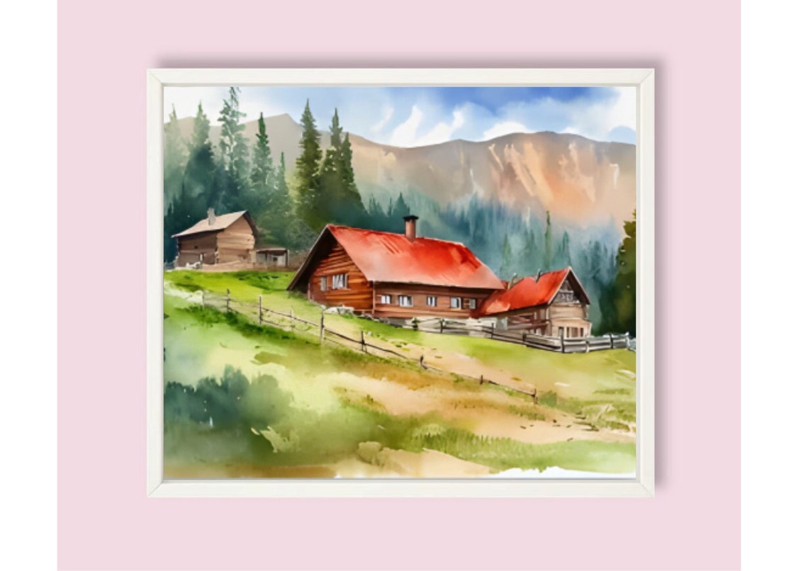 Red Roofed Log Cabins Beneath Rocky Mountain Cliffs Watercolor Print - Image 6