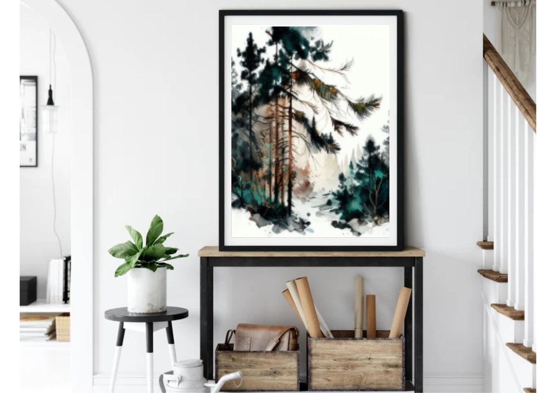Tall Dark Pine Trees Abstract Ink Watercolor Nature Art Print - Image 3