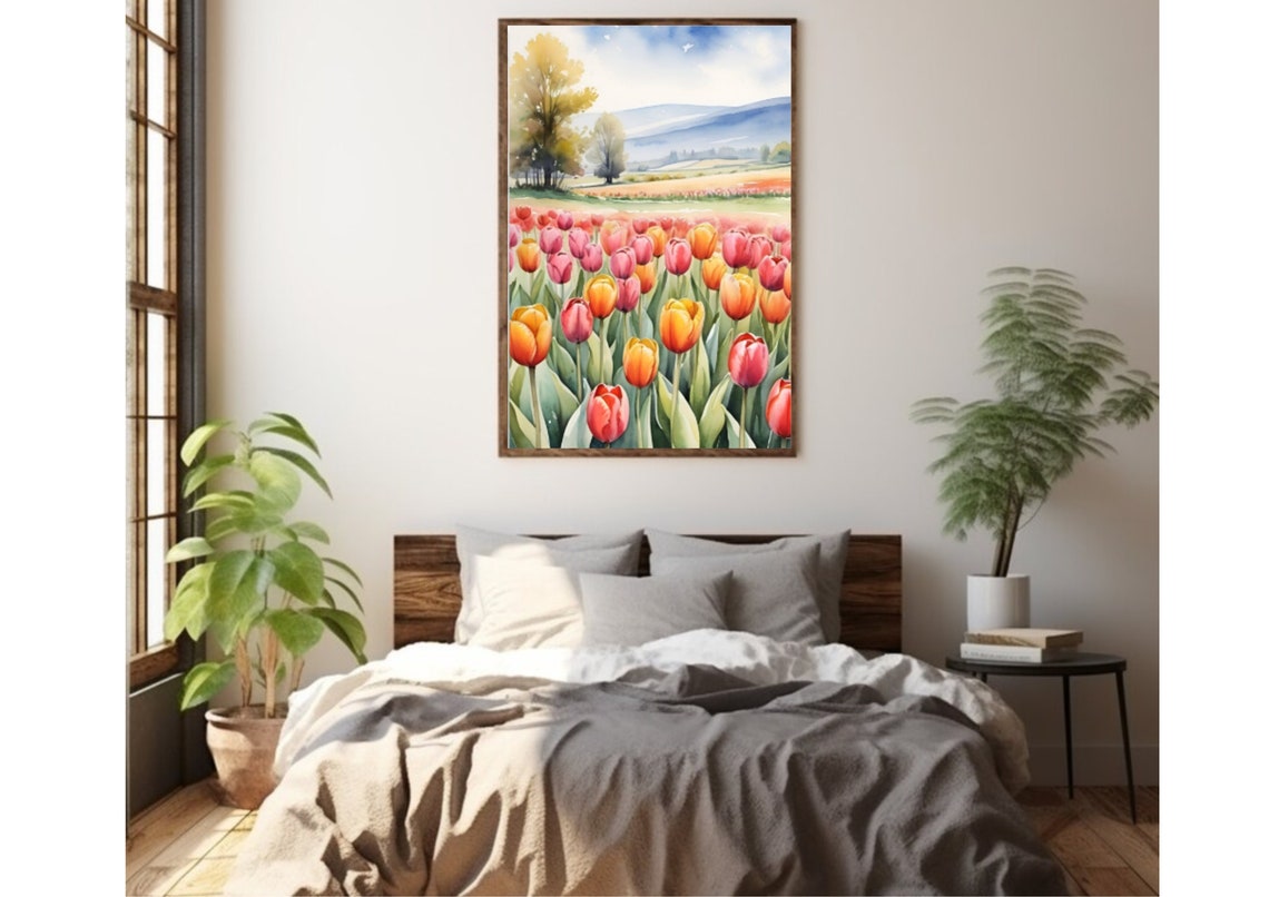 Red Orange Tulip Flower Field Mountain Spring Watercolor Poster - Image 5