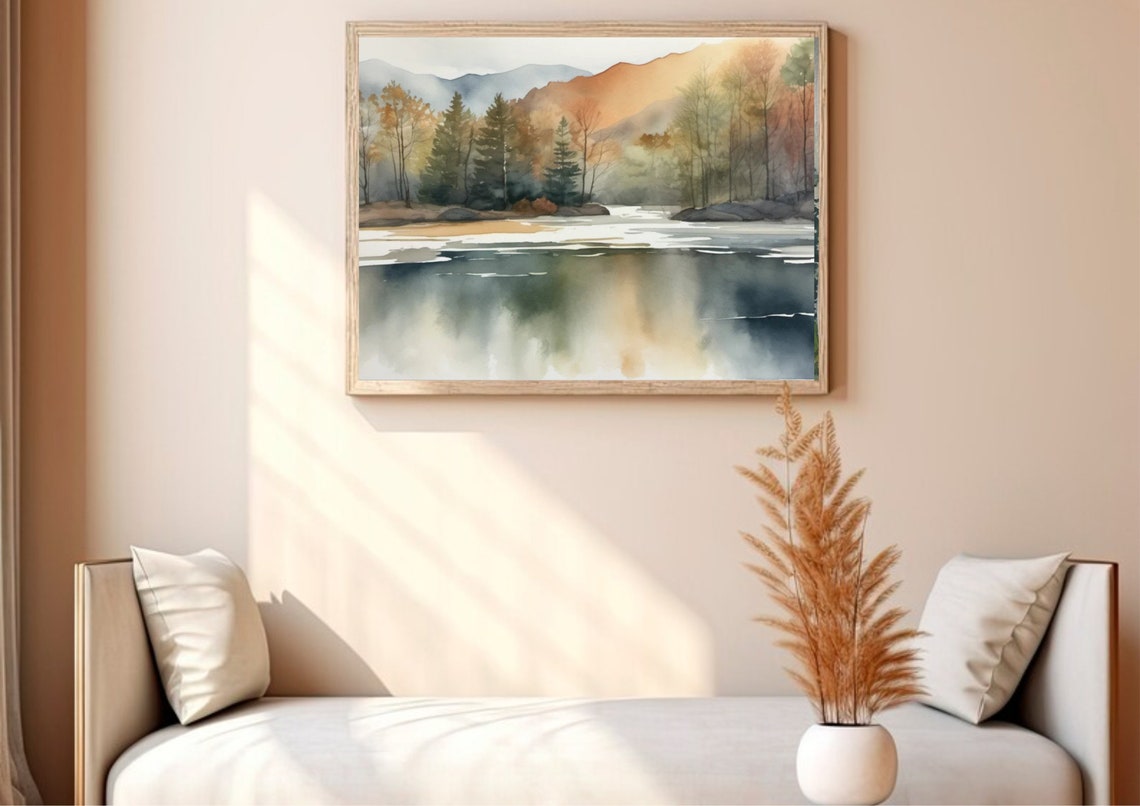Foggy Autumn Mountain Lake Watercolor Landscape Reflection Art Poster - Image 5