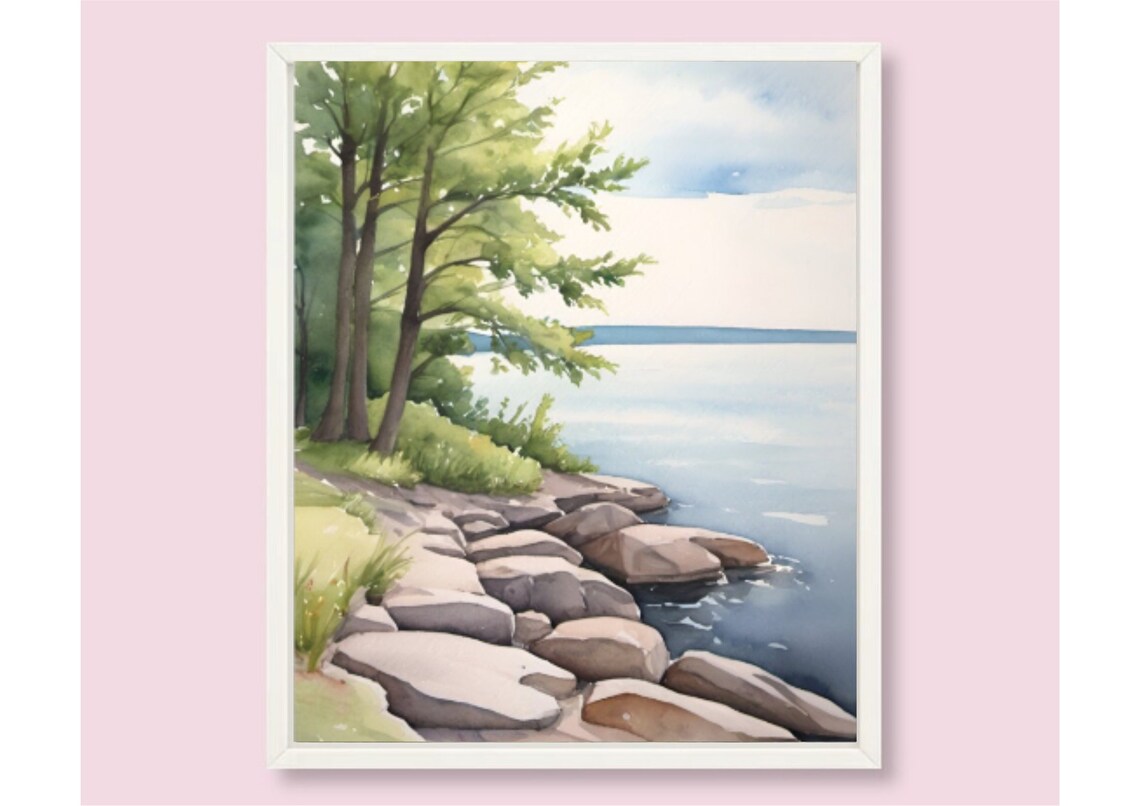 Lake Ontario Rocky Shore Pine Lake Watercolor Landscape Poster - Image 6